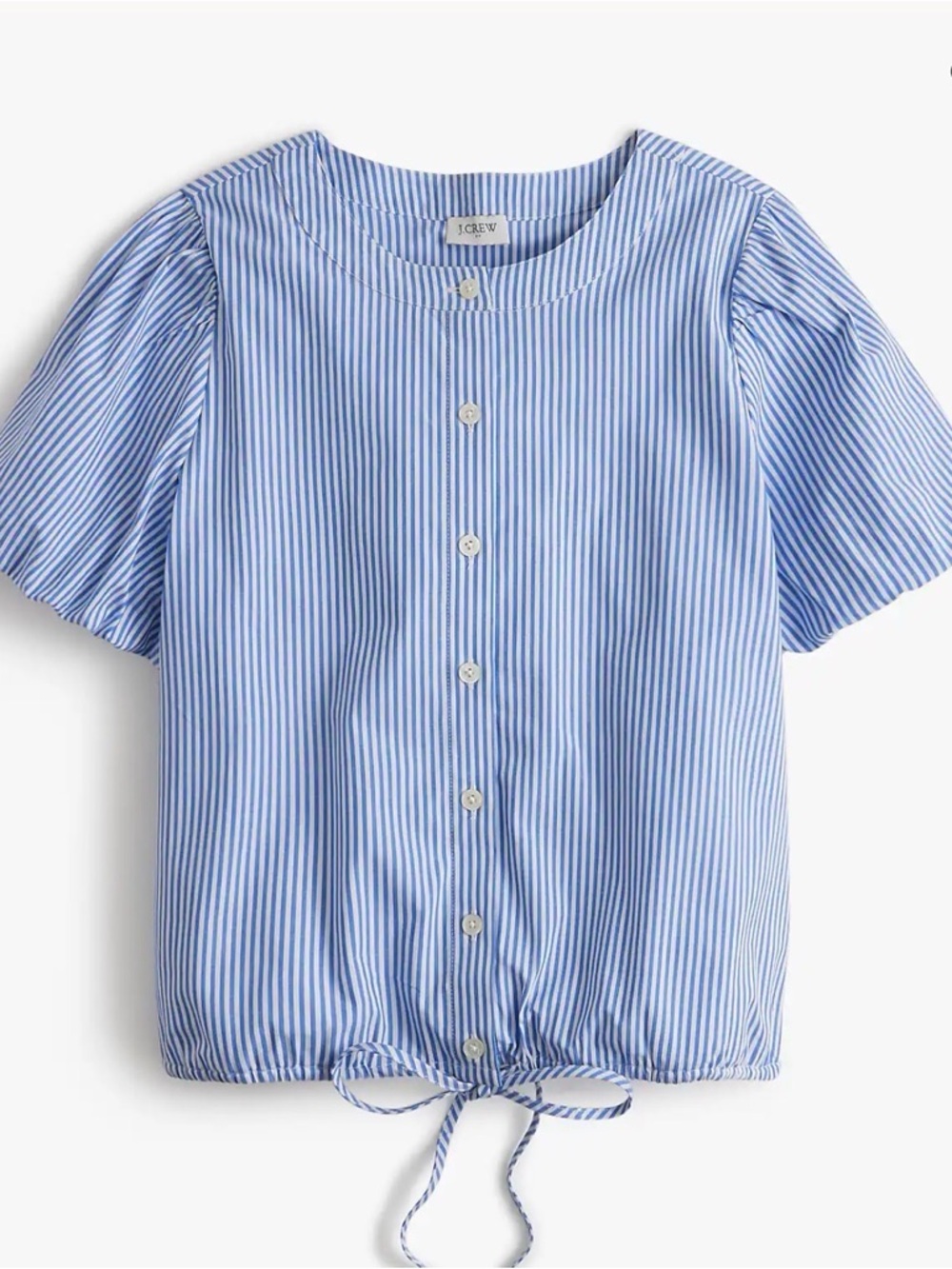 J. Crew Factory Blue and White Striped Striped puff-sleeve tie-waist top